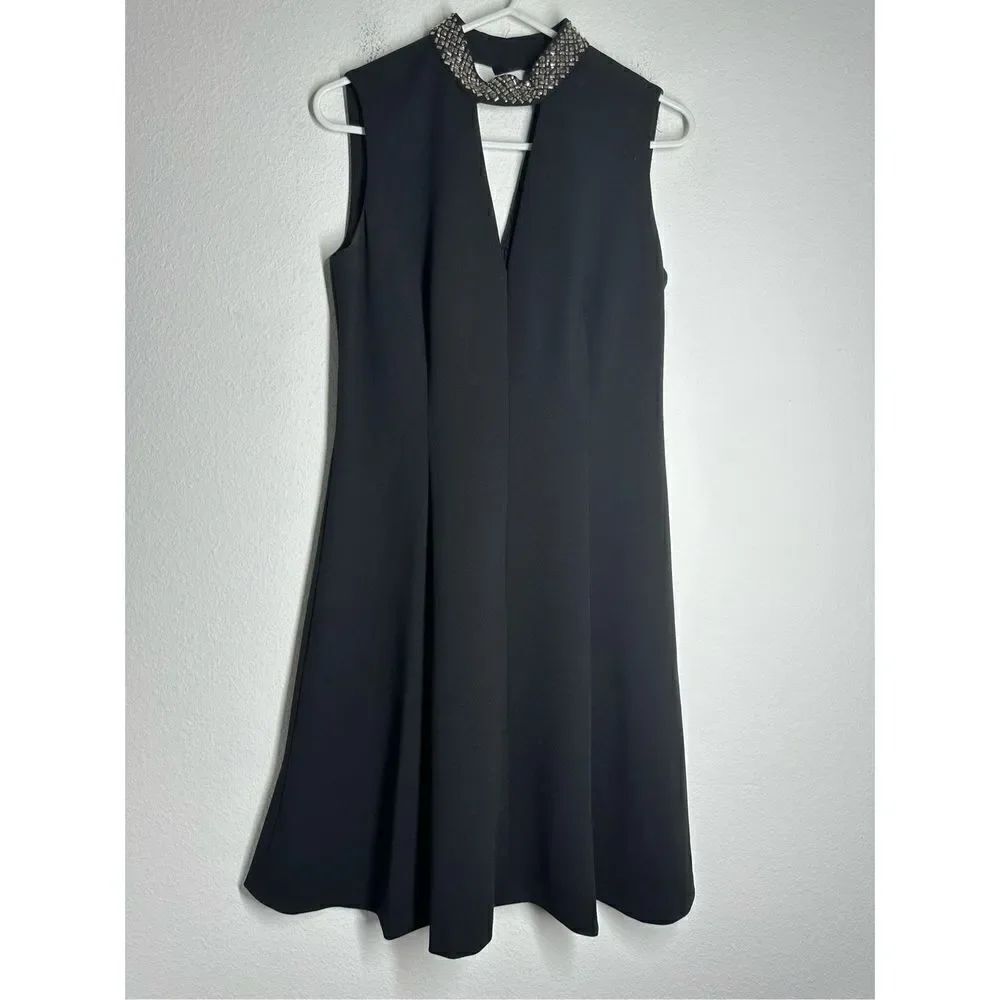 CALVIN KLEIN Choker V-Neck Embellished Collar Sheath Dress in Black Size 8P